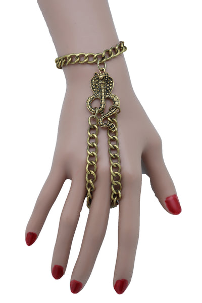 Brand New Women Wrist Bracelet Antique Gold Metal Hand Chain Cobra Snake Charm Slave Ring