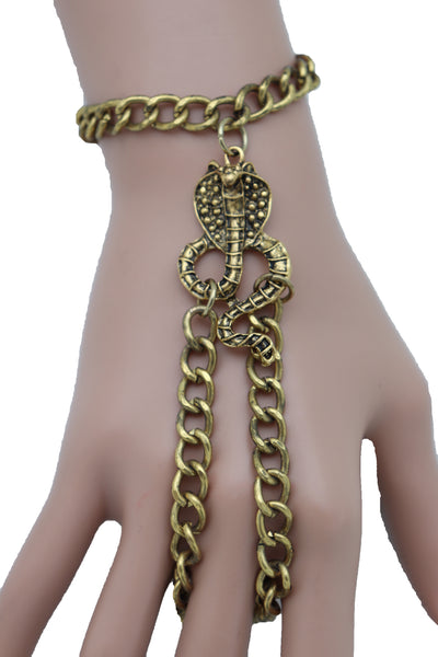 Brand New Women Wrist Bracelet Antique Gold Metal Hand Chain Cobra Snake Charm Slave Ring