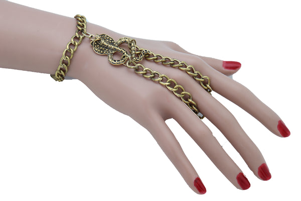 Brand New Women Wrist Bracelet Antique Gold Metal Hand Chain Cobra Snake Charm Slave Ring