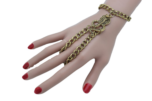 Brand New Women Wrist Bracelet Antique Gold Metal Hand Chain Cobra Snake Charm Slave Ring