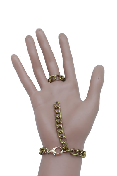 Brand New Women Wrist Bracelet Antique Gold Metal Hand Chain Cobra Snake Charm Slave Ring