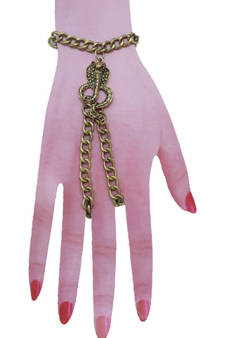 Brand New Women Wrist Bracelet Antique Gold Metal Hand Chain Cobra Snake Charm Slave Ring