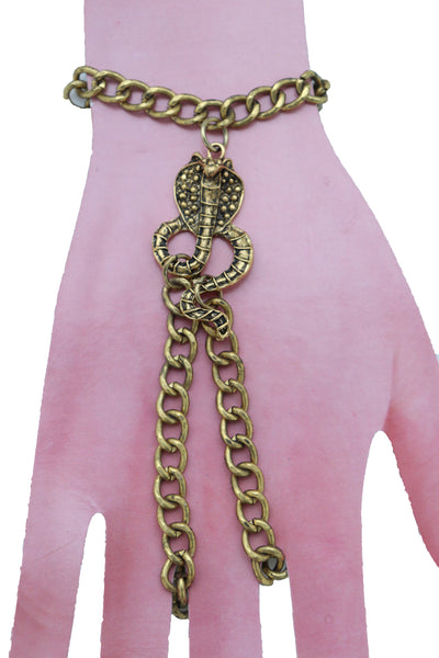 Brand New Women Wrist Bracelet Antique Gold Metal Hand Chain Cobra Snake Charm Slave Ring