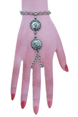 Antique Silver Hand Chain Bracelet Western Fashion Turquoise Blue Flowers