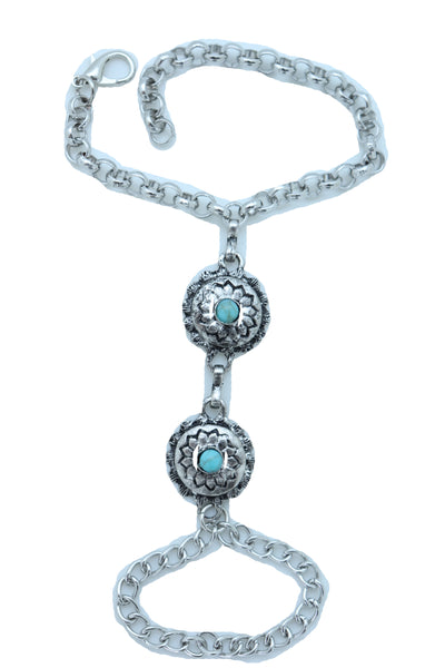 Women Antique Silver Hand Chain Bracelet Western Fashion Jewelry Turquoise Blue Flower Charms