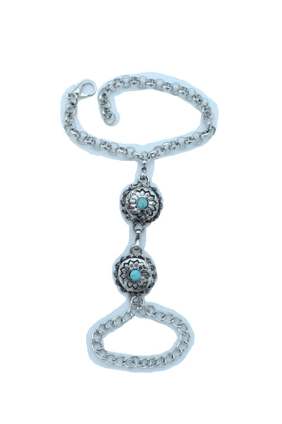 Women Antique Silver Hand Chain Bracelet Western Fashion Jewelry Turquoise Blue Flower Charms