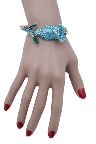 Brand New Women Bracelet Silver Metal Chain Turquoise Blue Flower Wedding Fashion Jewelry