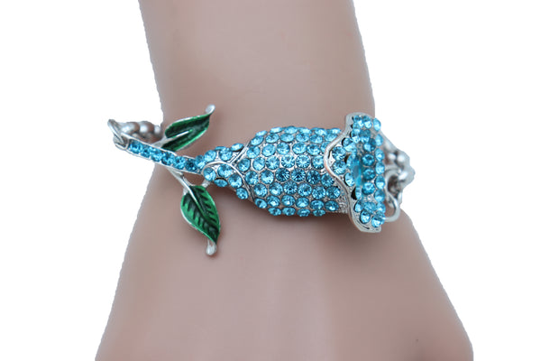 Brand New Women Bracelet Silver Metal Chain Turquoise Blue Flower Wedding Fashion Jewelry