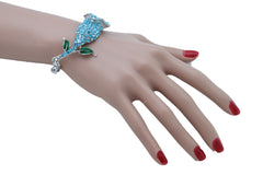 Bracelet Silver Metal Chain Turquoise Blue Flower Wedding