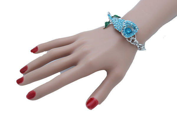 Brand New Women Bracelet Silver Metal Chain Turquoise Blue Flower Wedding Fashion Jewelry