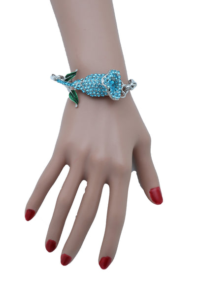 Brand New Women Bracelet Silver Metal Chain Turquoise Blue Flower Wedding Fashion Jewelry