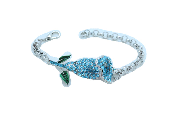 Brand New Women Bracelet Silver Metal Chain Turquoise Blue Flower Wedding Fashion Jewelry