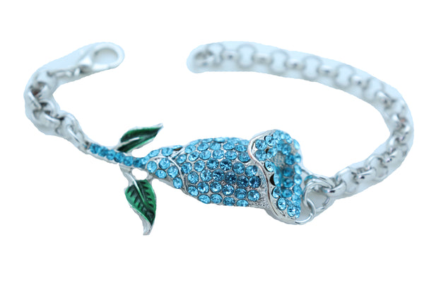 Brand New Women Bracelet Silver Metal Chain Turquoise Blue Flower Wedding Fashion Jewelry