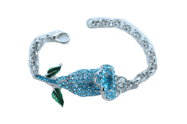 Brand New Women Bracelet Silver Metal Chain Turquoise Blue Flower Wedding Fashion Jewelry