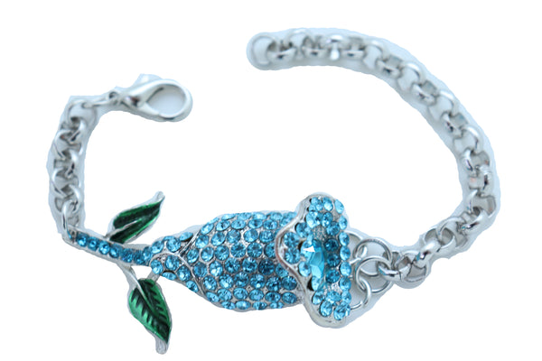 Brand New Women Bracelet Silver Metal Chain Turquoise Blue Flower Wedding Fashion Jewelry