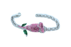 Women Silver Metal Chain Wrist Bracelet Pink Bling Flower Charm Wedding Bridal Style