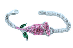 Silver Metal Chain Wrist Bracelet Pink Bling Flower Charm