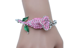 Women Silver Metal Chain Wrist Bracelet Pink Bling Flower Charm Wedding Bridal Style