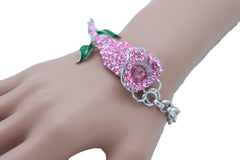 Women Silver Metal Chain Wrist Bracelet Pink Bling Flower Charm Wedding Bridal Style