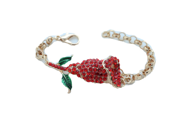 Brand New Women Fancy Bracelet Fashion Gold Metal Chain Elegant Evening Red Flower Charm