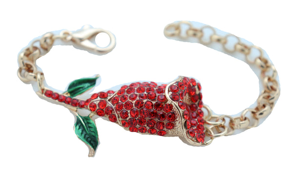 Women Fancy Bracelet Fashion Gold Metal Chain Elegant Evening Red Flower Charm One Size Band