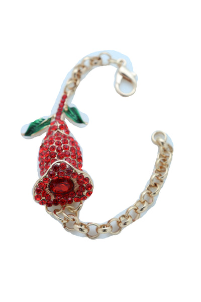 Women Fancy Bracelet Fashion Gold Metal Chain Elegant Evening Red Flower Charm One Size Band