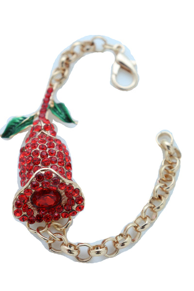 Women Fancy Bracelet Fashion Gold Metal Chain Elegant Evening Red Flower Charm One Size Band