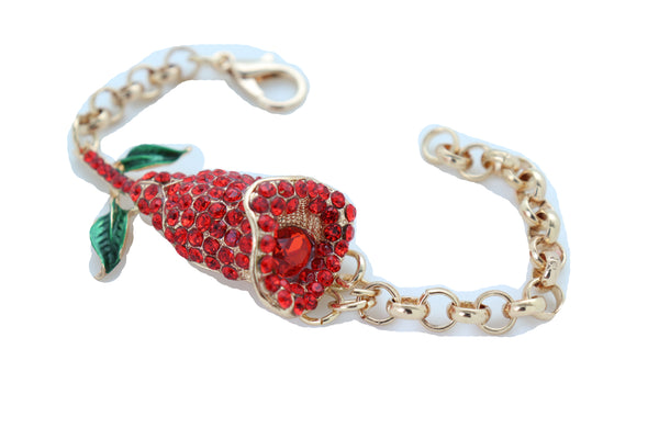 Brand New Women Fancy Bracelet Fashion Gold Metal Chain Elegant Evening Red Flower Charm