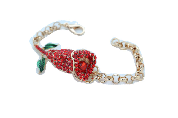 Women Fancy Bracelet Fashion Gold Metal Chain Elegant Evening Red Flower Charm One Size Band