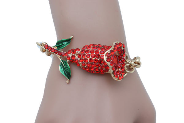 Women Fancy Bracelet Fashion Gold Metal Chain Elegant Evening Red Flower Charm One Size Band