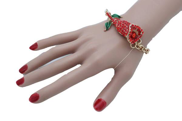 Women Fancy Bracelet Fashion Gold Metal Chain Elegant Evening Red Flower Charm One Size Band