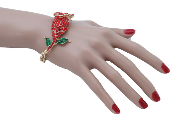 Women Fancy Bracelet Fashion Gold Metal Chain Elegant Evening Red Flower Charm One Size Band