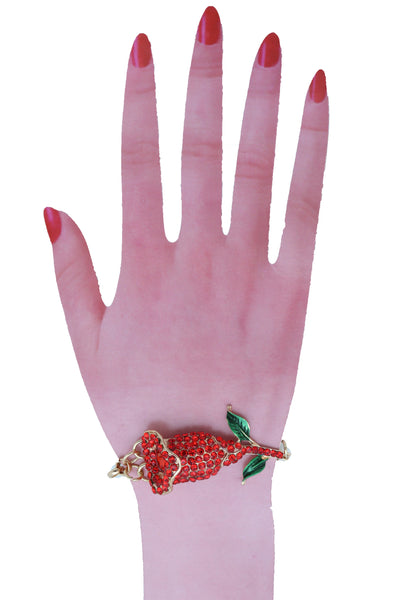 Brand New Women Fancy Bracelet Fashion Gold Metal Chain Elegant Evening Red Flower Charm