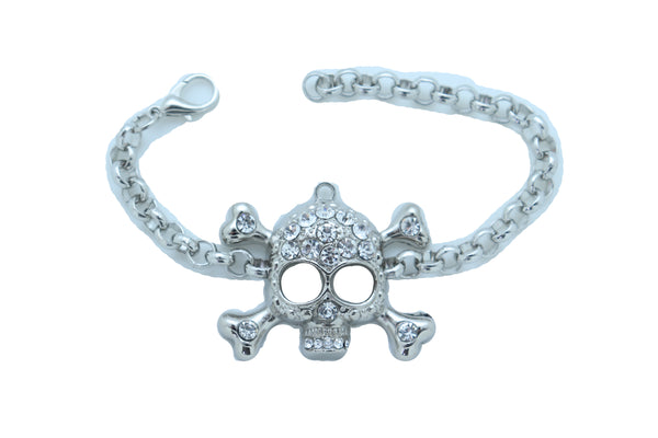 Women Bling Jewelry Silver Skull Charm Skeleton Bracelet Metal Chain Gothic Punk Adjustable Size Band