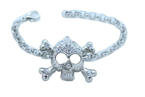 Women Bling Jewelry Silver Skull Charm Skeleton Bracelet Metal Chain Gothic Punk Adjustable Size Band