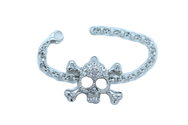 Women Bling Jewelry Silver Skull Charm Skeleton Bracelet Metal Chain Gothic Punk Adjustable Size Band