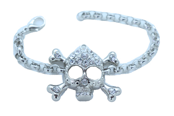 Women Bling Jewelry Silver Skull Charm Skeleton Bracelet Metal Chain Gothic Punk Adjustable Size Band