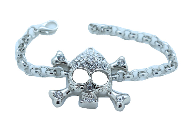 Women Bling Jewelry Silver Skull Charm Skeleton Bracelet Metal Chain Gothic Punk Adjustable Size Band