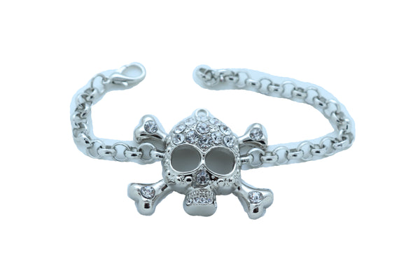 Brand New Women Bling Jewelry Silver Skull Charm Skeleton Bracelet Metal Chain Gothic Punk