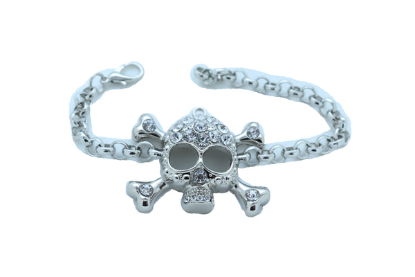 Women Bling Jewelry Silver Skull Charm Skeleton Bracelet Metal Chain Gothic Punk Adjustable Size Band