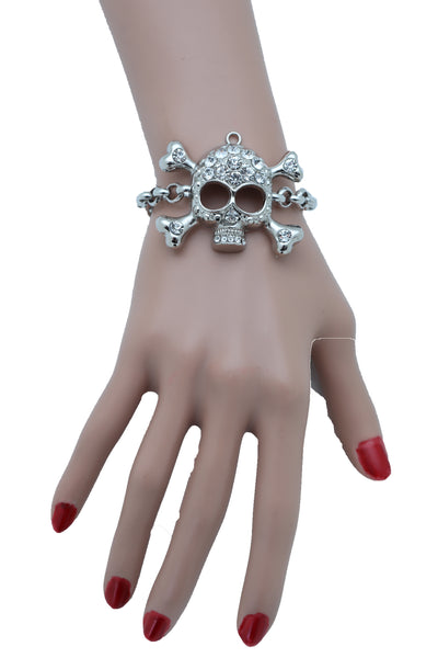 Women Bling Jewelry Silver Skull Charm Skeleton Bracelet Metal Chain Gothic Punk Adjustable Size Band