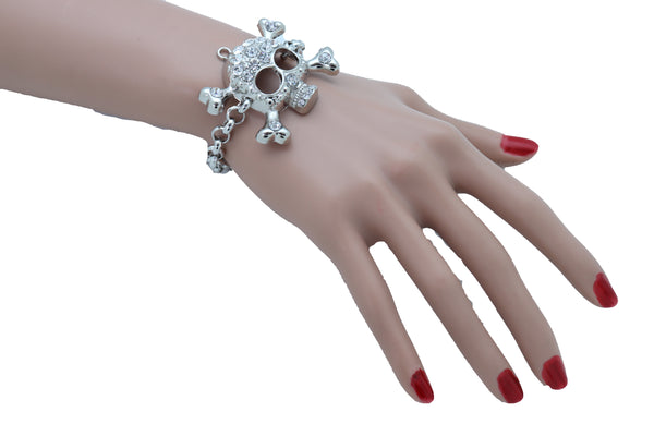 Women Bling Jewelry Silver Skull Charm Skeleton Bracelet Metal Chain Gothic Punk Adjustable Size Band
