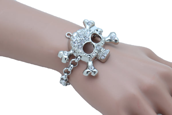 Women Bling Jewelry Silver Skull Charm Skeleton Bracelet Metal Chain Gothic Punk Adjustable Size Band