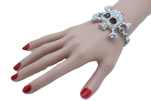Women Bling Jewelry Silver Skull Charm Skeleton Bracelet Metal Chain Gothic Punk Adjustable Size Band