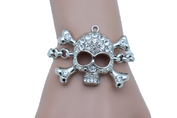 Women Bling Jewelry Silver Skull Charm Skeleton Bracelet Metal Chain Gothic Punk Adjustable Size Band