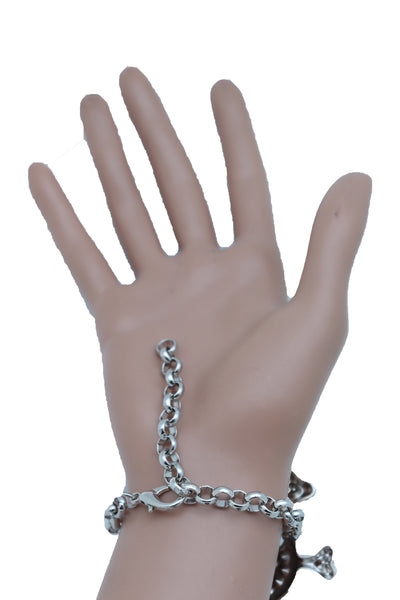 Women Bling Jewelry Silver Skull Charm Skeleton Bracelet Metal Chain Gothic Punk Adjustable Size Band