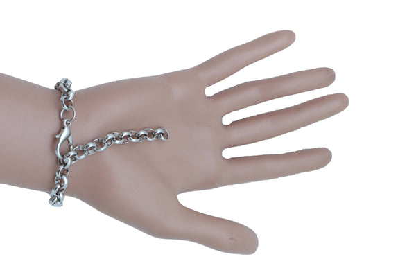Women Bling Jewelry Silver Skull Charm Skeleton Bracelet Metal Chain Gothic Punk Adjustable Size Band