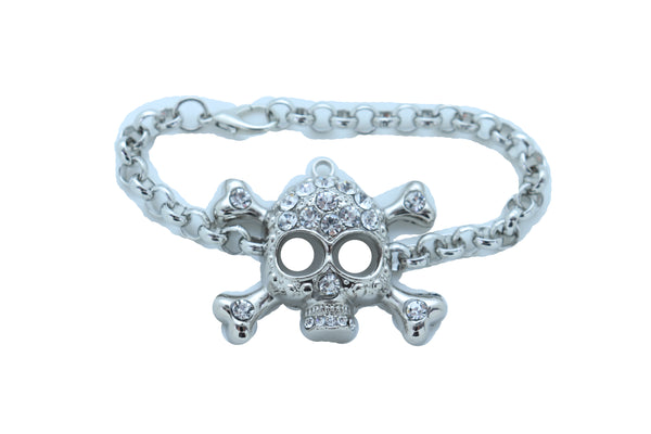 Women Bling Jewelry Silver Skull Charm Skeleton Bracelet Metal Chain Gothic Punk Adjustable Size Band