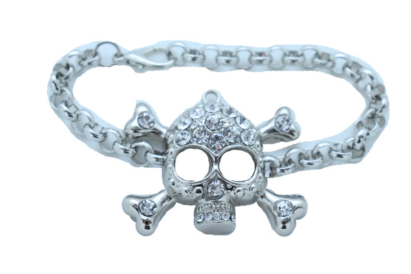 Women Bling Jewelry Silver Skull Charm Skeleton Bracelet Metal Chain Gothic Punk Adjustable Size Band
