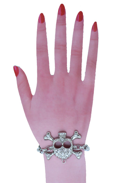 Women Bling Jewelry Silver Skull Charm Skeleton Bracelet Metal Chain Gothic Punk Adjustable Size Band